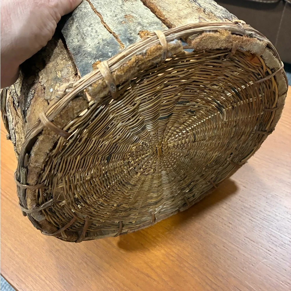 Rustic Brown Wood Slat and Woven Reed Gathering Basket Unique Details